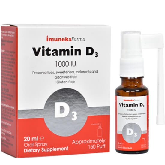 İmuneks Vitamin D3 1000 IU sprey 20 ml, 1 puff 25 µg D3 kolekalsiferol ve zeytinyağı, katkısız glütensiz- 1