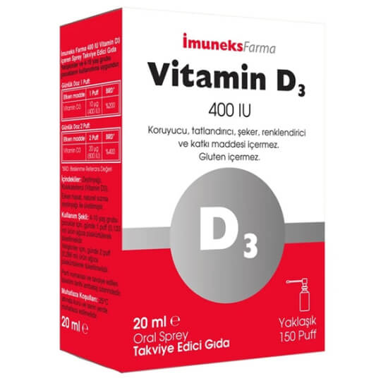 İmuneks Vitamin D3 400 IU sprey 20 ml şişe, 1 puff 10 µg D3, natürel zeytinyağı bazlı, şeker ve gluten içermez- 1