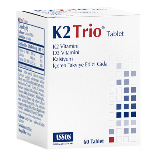 K2 Trio 60 Tablet kalsiyum D3 K2 (MK7) takviye 60 tablet 1000 mg kalsiyum 880 IU D3 150 mcg K2- 1