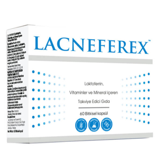 Lacneferex 60 kapsül takviye edici gıda kutusu 2 kapsülde 200 mg laktoferrin 60 mg B5 14,7 mg E 10 mg çinko- 1