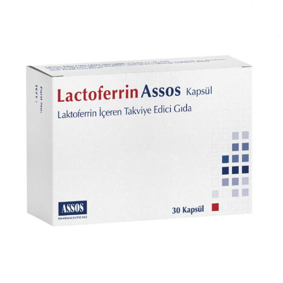 Assos Pharma Lactoferrin 30 kapsül gıda takviyesi kutusu, her kapsülde 200 mg laktoferrin, 30’lu ambalaj- 1