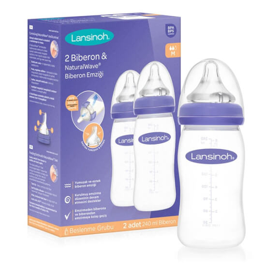 Lansinoh NaturalWave biberon seti 240 ml 2 adet esnek silikon emzik antikolik hava sistemi BPA ve BPS içermez- 1