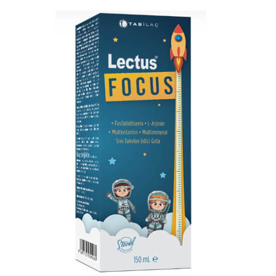 Lectus Focus 150 ml sıvı multivitamin mineral takviye şişesi, L-Arjinin 250 mg, C vitamini 100 mg, çinko içerir- 1