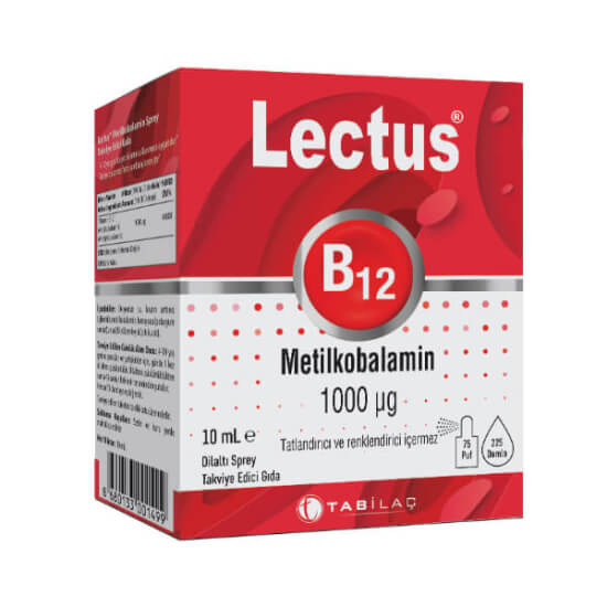 Lectus Metilkobalamin B12 dil altı sprey 10 ml, her puf 1000 µg B12 metilkobalamin içeren sıvı takviye- 1