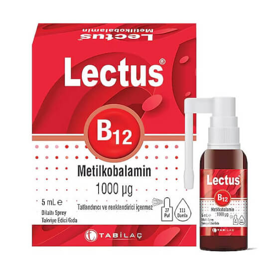 Lectus Metilkobalamin B12 dil altı sprey 5 ml kutu ve şişe, her puf 1000 µg B12 metilkobalamin- 1