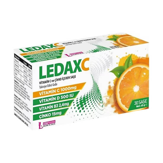 Ledaxc Vitamin C ve Çinko 30 saşe takviye edici gıda kutusu, C vitamini 1000 mg, çinko 15 mg, D 500 IU, B12 2,4 mg- 1