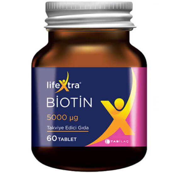 Lifextra Biotin 5000 µg 60 tablet biotin takviyesi, 11 yaş üzeri için günde 1 tablet, Tab İlaç marka ürün kutusu- 1