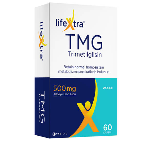 Lifextra TMG Trimetilglisin betain 60 kapsül gıda takviyesi 2 kapsülde 1000 mg trimetilglisin içeren ürün kutusu- 1