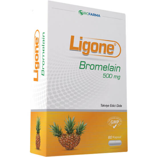 Ligone Bromelain 500 mg 60 kapsül takviye edici gıda Lonza ABD menşeli blister ambalaj ürün kutusu- 1