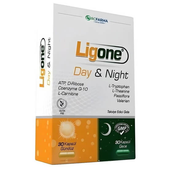 Ligone Day Night 60 kapsül takviye; sarı gündüz L-Karnitin 175 mg Koenzim Q10 100 mg, yeşil gece valerian passiflora- 1