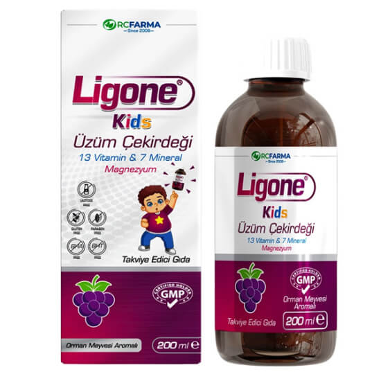 Ligone Kids Üzüm Çekirdeği 200 ml çilek aromalı çocuk şurubu, cam şişe; 50 mg üzüm çekirdeği ekstresi, C E vitamini, magnezyum- 1