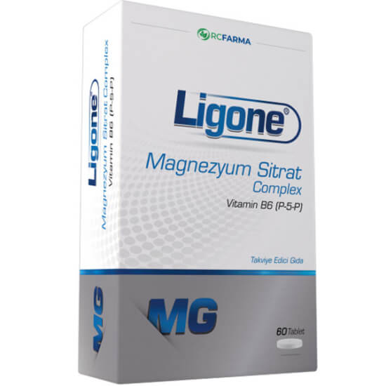 Ligone Magnezyum Sitrat Complex 60 tablet takviyesi kutusu, her tablette 200 mg magnezyum sitrat ve 10 mg B6 P-5-P- 1