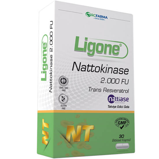 Ligone Nattokinase 30 kapsül bitkisel Vcaps takviye, 2000 FU nattokinaz, 250 mg C vitamini, 100 mg trans resveratrol- 1