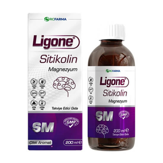Ligone Sitikolin Şurup 200 ml çilek aromalı renklendiricisiz, 5 ml’de 125 mg sitikolin ve 30 mg magnezyum sitrat- 1