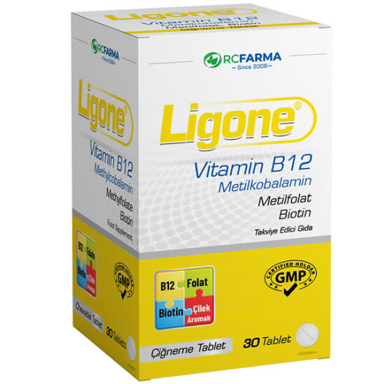 Ligone Vitamin B12 30 çiğneme tablet 1000 mcg metilkobalamin 400 mcg folat biotin çilek aromalı 30 tablet kutu- 1