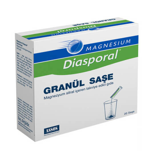 Magnesium Diasporal 20 granül saşe magnezyum sitrat takviyesi 20 saşe, 1 saşede 250 mg elementer magnezyum- 1