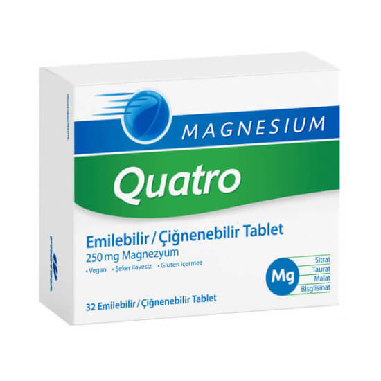 Magnesium Quatro 32 çiğnenebilir tablet 32 adet magnezyum 250 mg sitrat taurat malat bisglisinat ve B6 10 mg- 1