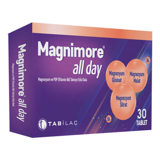 Magnimore All Day 30 tablet magnezyum takviyesi 200 mg magnezyum 10 mg B6 içeren ürün kutusu- 1