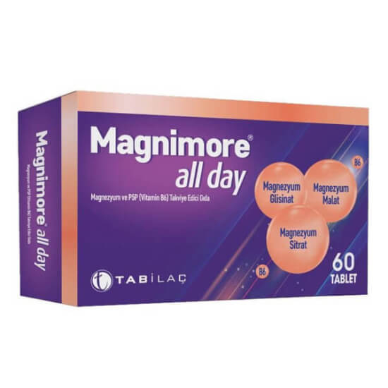 Magnimore All Day 60 tablet magnezyum B6 takviyesi 60 tablet 1 tablette 200 mg magnezyum 10 mg B6 P5P içerir- 1
