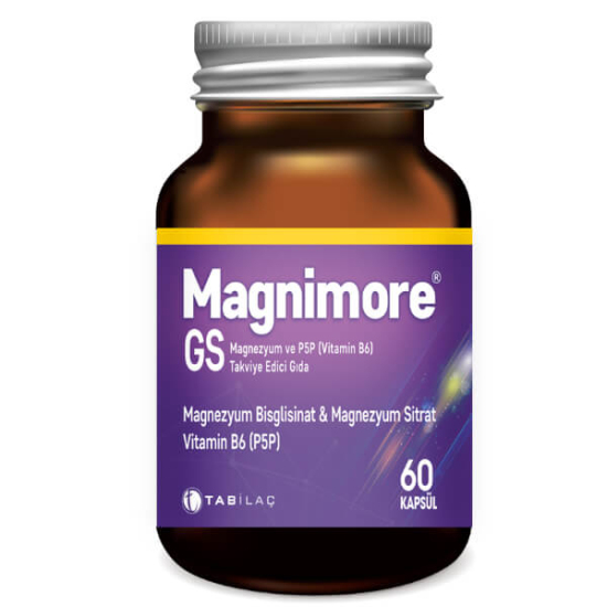 Magnimore GS 60 kapsül gıda takviyesi kutusu 60 kapsül 250 mg magnezyum ve 10 mg vitamin B6 içeren ürün- 1