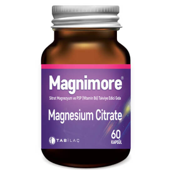 Magnimore Magnezyum Sitrat 60 kapsül bitkisel takviye 2 kapsülde 250 mg magnezyum sitrat 10 mg B6- 1