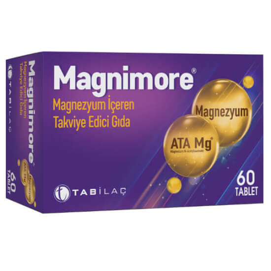 Magnimore 60 Tablet ATA-Mg magnezyum takviyesi 60 tablet kutu, ATA-Mg 919,5 mg ve 57 mg elementel magnezyum- 1