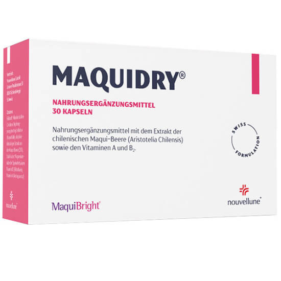 Maquidry 30 kapsül gıda takviyesi kutusu MaquiBright makui meyvesi özü 60 mg Vitamin B2 1,4 mg Vitamin A 800 µg- 1