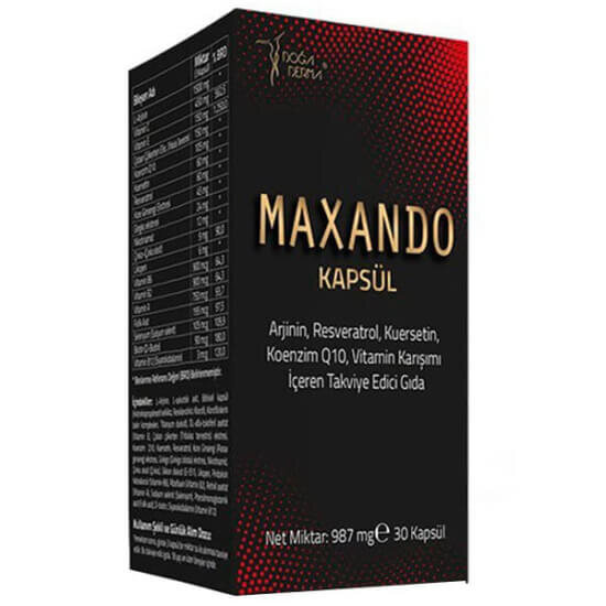 Maxando 30 kapsül takviye edici gıda L-Arjinin 1500 mg Vitamin C 450 mg Vitamin E Koenzim Q10 Resveratrol- 1