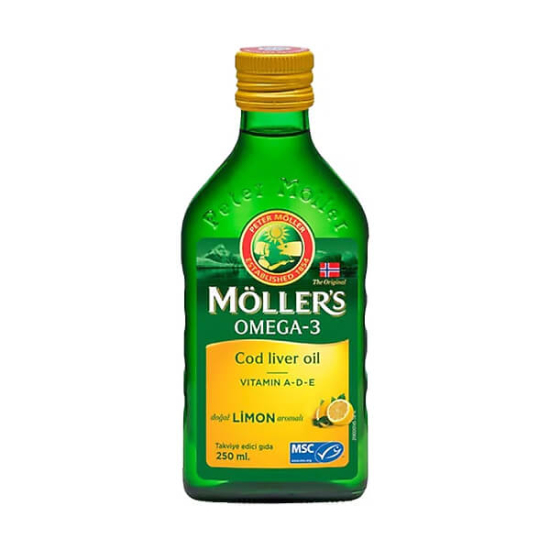 Möllers Omega 3 Balık Yağı 250 ml limon aromalı sıvı, 2,5 ml’de 585 mg omega-3, 185 mg EPA, 275 mg DHA, D3- 1