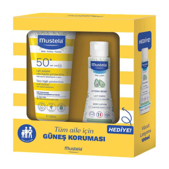 Mustela set SPF50 güneş losyonu 200 ml suya dayanıklı UVA UVB koruma + Hydra Bebe 100 ml organik avokadolu nemlendirici- 1