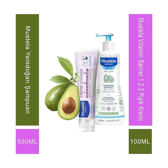 Mustela Set Yenidoğan Şampuanı 500 ml Vitamin Bariyer 1 2 3 Pişik Kremi 100 ml - 1