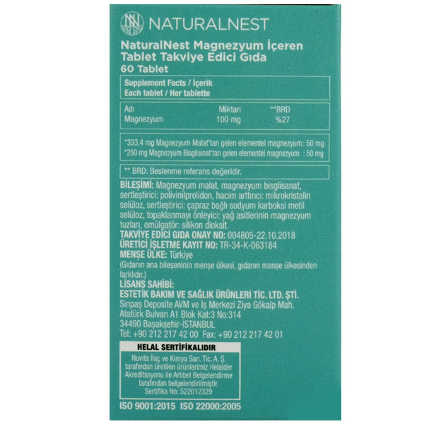 Naturalnest Magnezyum 100 mg 60 Tablet Magnezyum Malat ve Magnezyum Bisglisinat