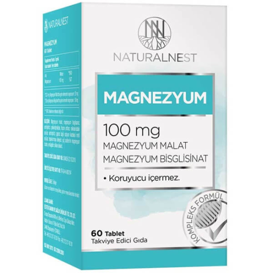 Naturalnest Magnezyum 100 mg 60 tablet magnezyum malat 50 mg ve magnezyum bisglisinat 50 mg takviye edici gıda- 1