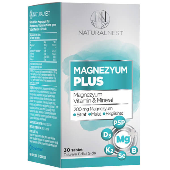Naturalnest Magnezyum Plus 30 tablet 200 mg magnezyum, B6 P5P, D3, K2, selenyum ve bor içeren takviye- 1