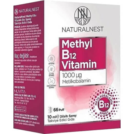 Naturalnest Methyl B12 dilaltı sprey 10 ml, 1 puf 1000 µg vitamin B12 metilkobalamin içeren gıda takviyesi- 1
