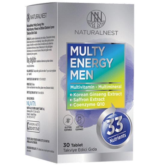 Naturalnest Multi Energy Men 30 tablet erkek multivitamin; C 80 mg D3 10 µg, ginseng Q10 çinko magnezyum içeriği- 1