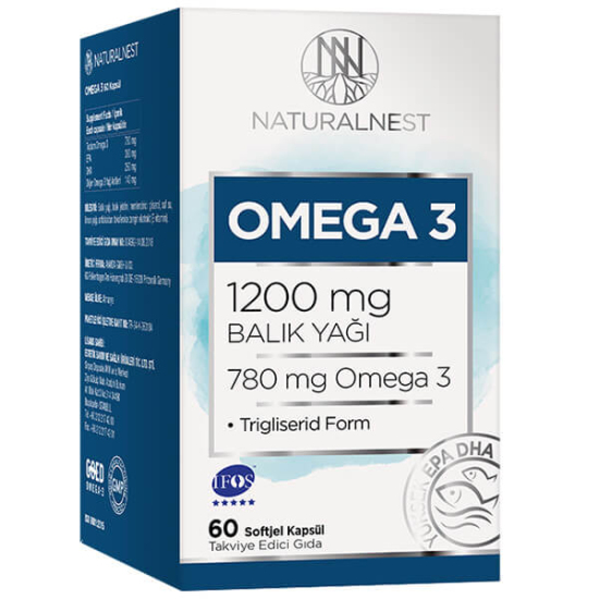 Naturalnest Omega 3 1200 mg balık yağı takviyesi 60 kapsül, 1 kapsülde DHA 260 mg EPA 380 mg, toplam omega 3 780 mg- 1