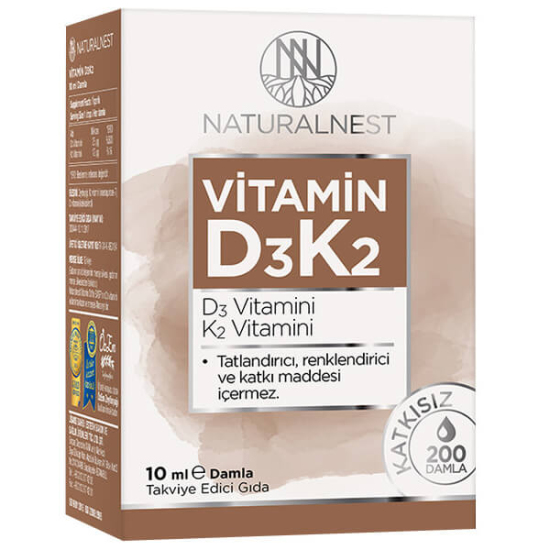 Naturalnest Vitamin D3K2 damla 10 ml gıda takviyesi 1 damlada 1000 IU D3 ve 12 mcg K2 MK-7 içeren şişe kutu- 1