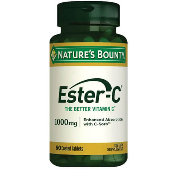 Nature's Bounty Ester C 1000 mg 60 tablet takviye şişesi, tablet başına 1000 mg C vitamini ve 102 mg turunçgil bioflavonoid- 1