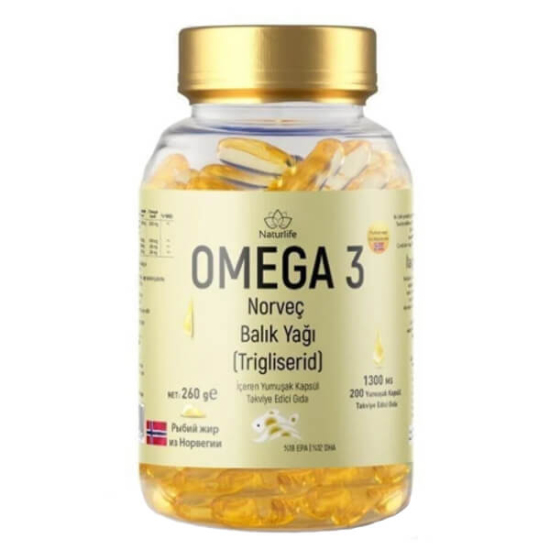 Naturlife Omega 3 Norveç balık yağı takviyesi trigliserid form 200 kapsül ürün kutusu- 1