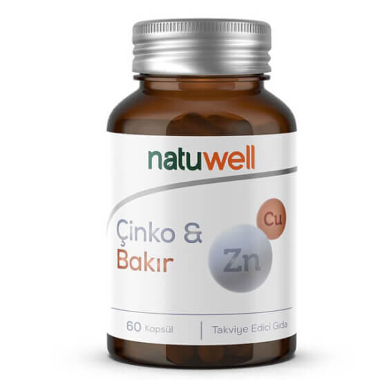 Natuwell Çinko Bakır 60 kapsül, kapsül başına 15 mg çinko pikolinat ve 1500 µg bakır sülfat içeren takviye- 1