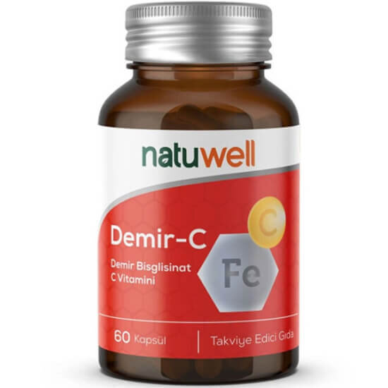Natuwell Demir C 60 kapsül takviye edici gıda 60 kapsül 17 mg demir bisglisinat ve 300 mg C vitamini- 1