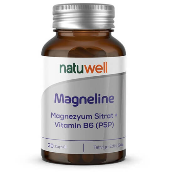 Natuwell Magneline magnezyum sitrat 100 mg P5P vitamin B6 5 mg içeren 30 kapsül gıda takviyesi kutusu- 1
