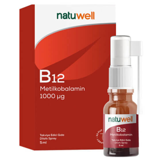 Natuwell Vitamin B12 metilkobalamin sprey 5 ml, 1000 µg B12, dilaltı kullanım, 11 yaş ve üzeri- 1