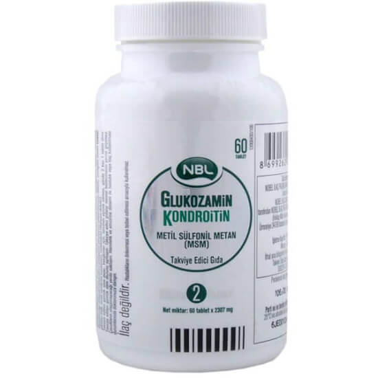 NBL Glukozamin Kondroitin MSM 60 tablet takviye edici gıda, 2 tablette 1500 mg glukozamin 1200 mg kondroitin 600 mg MSM- 1
