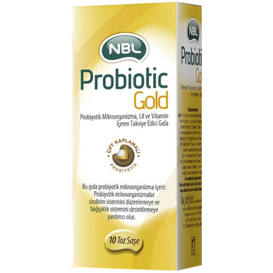 NBL Probiotic Gold 10 saşe probiyotik takviye 2,5 milyar KOB C A B1 B2 B6 E vitaminleri içeren saşe kutu- 1