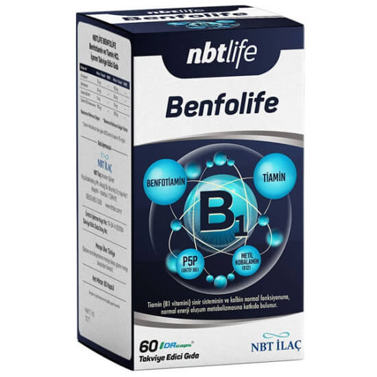 NBT Life Benfolife 60 DR kapsül kutusu 60 kapsül 75 mg B1 25 mg benfotiamin 5 mg B6 B12 vitamin takviyesi- 1
