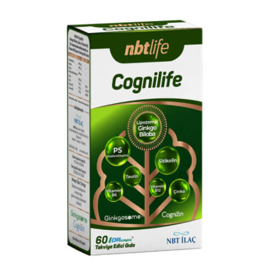 NBT Life Cognilife 30 kapsül takviye; 2 kapsülde fosfatidilserin 480 mg, sitikolin 300 mg, ginkgo 160 mg, B6 B12- 1