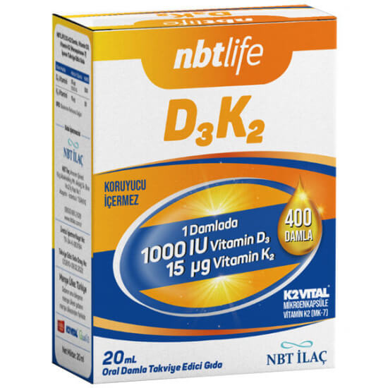 NBT Life D3 K2 damla 20 ml şişe kutu, 1000 IU D3 vitamini 25 µg ve 15 µg K2 menakinon-7 zeytinyağı bazlı- 1
