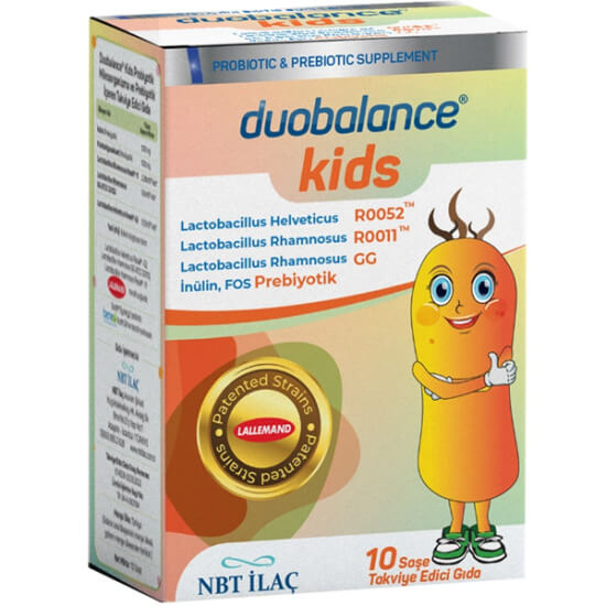 NBT Life Duobalance Kids 10 saşe probiyotik prebiyotik toz, inülin 500 mg, FOS 500 mg, Lactobacillus rhamnosus- 1